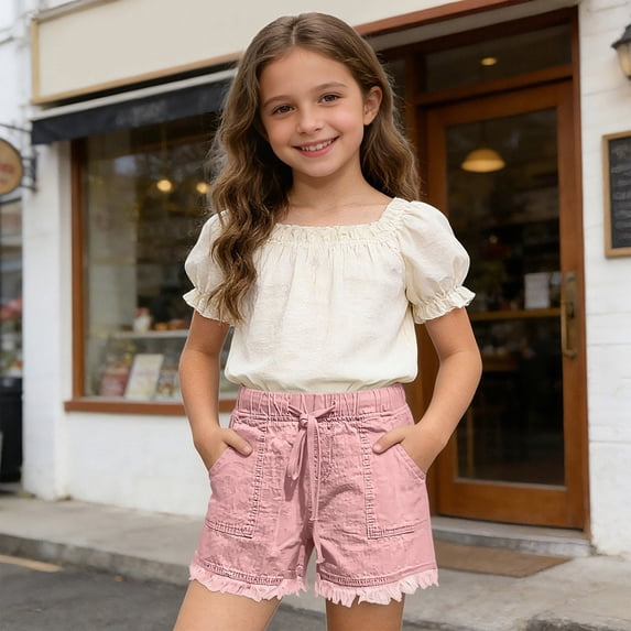 Huowey High Waist Summer Shorts For Girls Kids Elastic Waist Denim Cargo Shorts With Pockets Solid Color Wide Leg Raw Hem Casual Comfortable Lightweight Stylish Youth Bottoms,Pink,9-10 Years