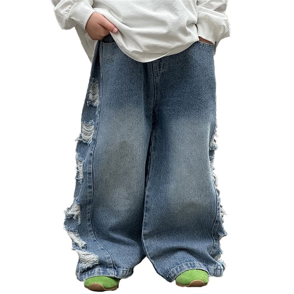 Huowey Infants Boys Baggy Jeans Straight Leg Jeans With Pockets Elastic Waist Distressed Ripped Denim Pants With Holes， Cozy Dailywear, 2-3 Years