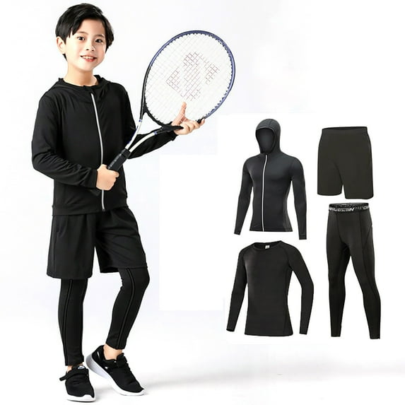 Huowey Boys Girls Base Layer Athletic Compression Leggings And Shirts Thermal Underwear Set Running Pants Tights Classic Dailywear, 10-11 Years