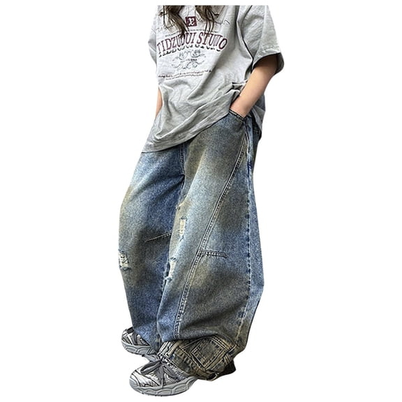 Huowey Infants Girls Cool Ripped Pants Fashion Personality Wide Leg Jeans Casual Demin Pants With Pockets Lovely Dailywear, 14-15Years
