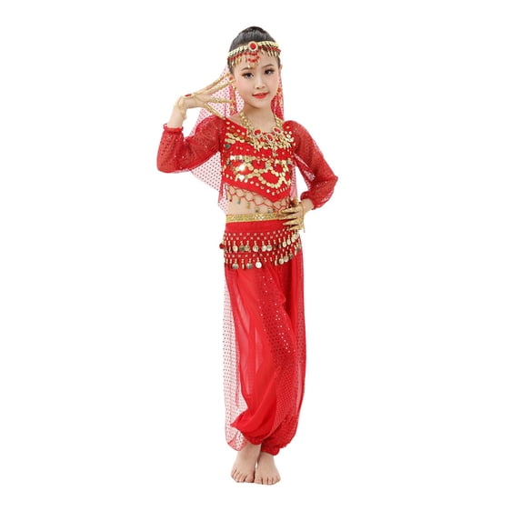 Huowey Infants Girls Dance Children Personality Dance Show Outfits Sets Belly Dance Sequin Mesh Set Classic Dailywear, 9-10 Years