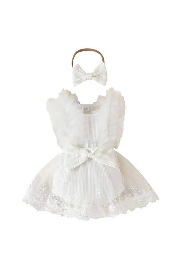 Girls Lace Sleeveless Ribbed Romper Bodysuits Dress Headbands Set Onesie One-Pieces Holiday Dailywear, 6-9 Months