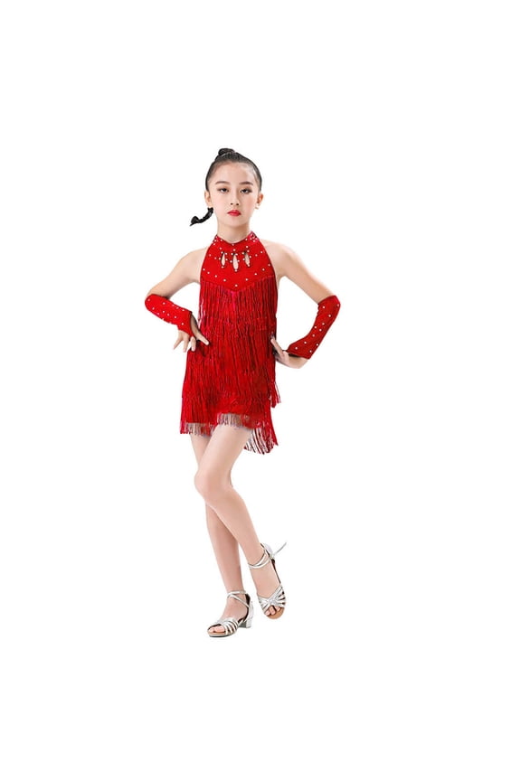 Girls Performance Latin Dance Jumpsuit Training Fringe Skirt Competition Holiday Dailywear, 3-4 Years