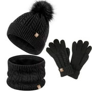 Huowey Kids Winter Hat Gloves Scarf Set Girls Toddler Children Hats With Pom Knit Neck Warmer Gaiter Mittens Lined Set Holiday Dailywear, One Size