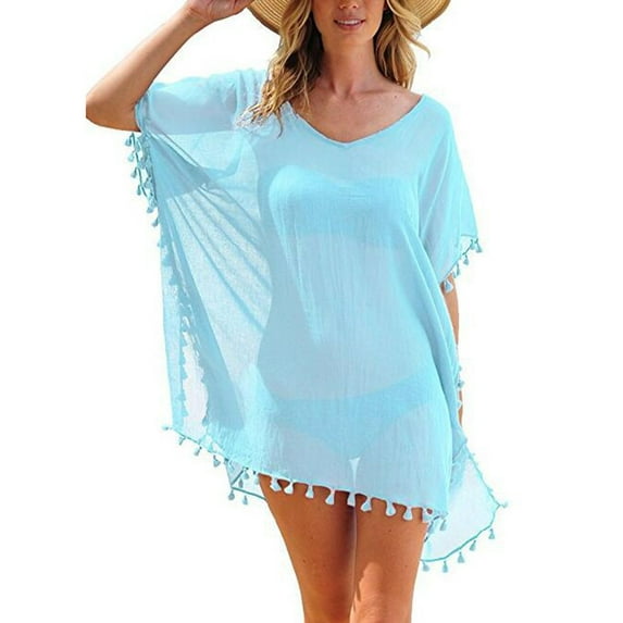 Huowey Kaftan Bikini Beach Tops Swimwear Women Trim Loose Up Cover Chiffon Tassels Plus Size Swimwear Pool Bathing Suit Honeymoon Cruise Trendy Wear