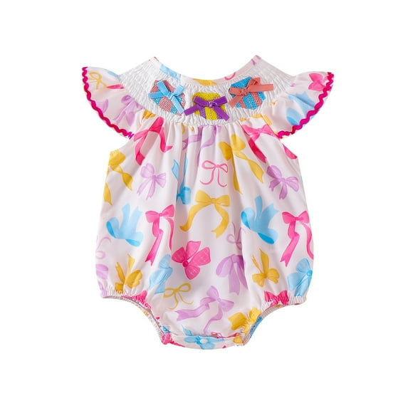 Huowey Kids Baby Girl Ruffles Flying Sleeve Cute Multicolor Bow Print Cartoon Print Jumpsuit Bodysuit Fashionable Dailywear, 12-18 Months