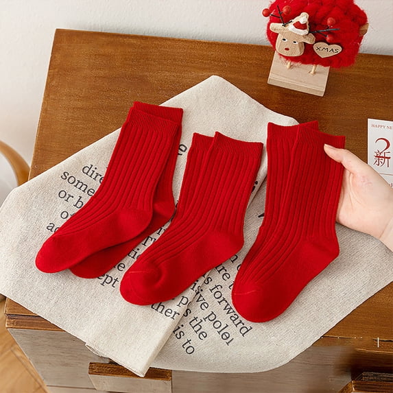 Huowey Kids Baby Girls Socks Solid Color Ribbed Cotton Soft Breathable Ankle Socks Casual Non- Comfortable Crew Socks (3 Pairs) Seamless Lightweight Relaxed Running Sport Dailywear,Red,5-8 Years
