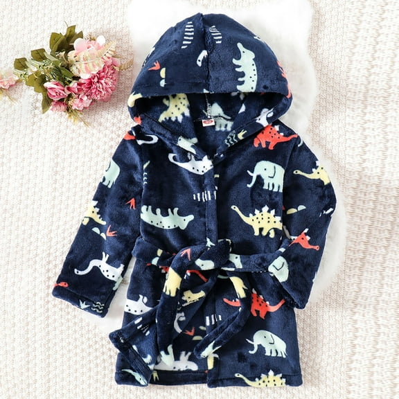 Huowey Kids Bathrobe Cartoon Dinosaur Hooded Fuzzy Soft Cozy Robe Jacket Long Sleeve Thickened Sleepwear For Toddler Winter Warm Comfy Pajamas,Navy,12-24 Months