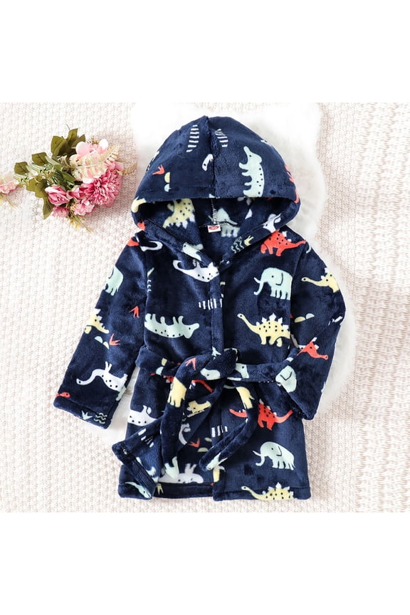 Kids Bathrobe Cartoon Dinosaur Hooded Fuzzy Soft Cozy Robe Jacket Long Sleeve Thickened Sleepwear For Toddler Winter Warm Comfy Pajamas,Navy,12-24 Months