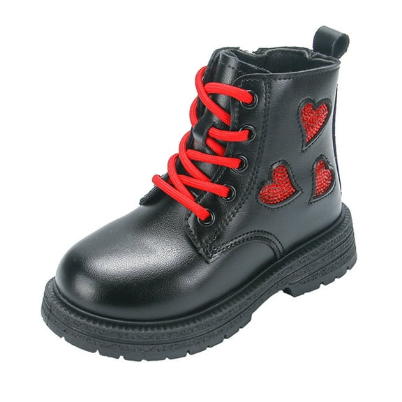 Huowey Kids Boots Stylish Side Zipper Lace Up Cute Heart Rhinestone Leather Winter Warm Anti- Casual Comfortable Fashion Footwear,Black,4.5-5 Years