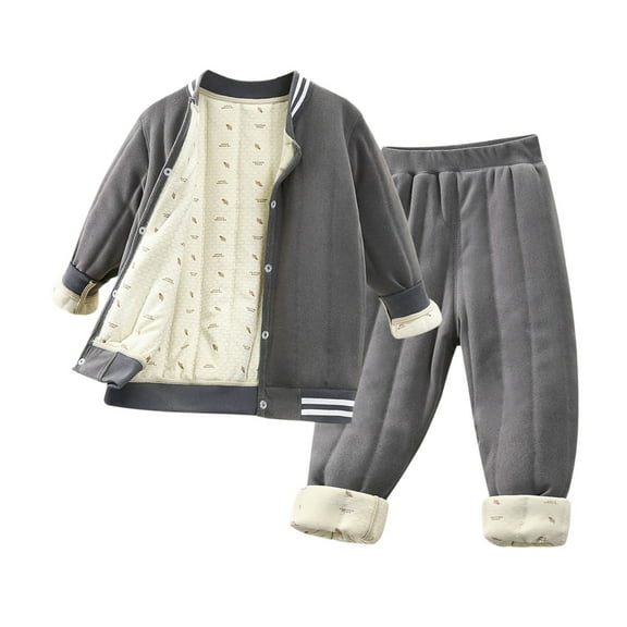Huowey Kids Boys Girls 2 Piece Autumn Winter Warm Sweatshirt Suit Thick Layer Quilted Jacket And Trousers Set For Girls Comfortable Thickened Inner Layer Outwear Streetwear,Grey,6-7 Years