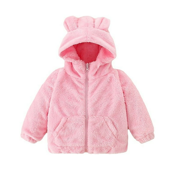 Huowey Kids Boys Girls Coat Cute Hoodie Long Sleeve Jacket Zip Up Wool Fuzzy Winter Warm Sweatshirt Coat With Pocket Sweatshirts,Pink,2-3 Years