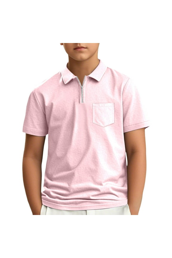 Kids Boys Short Sleeve Polo Shirts Quarter Zip Up Solid Color Classic School Uniform Tee Summer Casual Gentleman Tops Teen Holiday T Shirt Layering Tees,Pink,11-12 Years