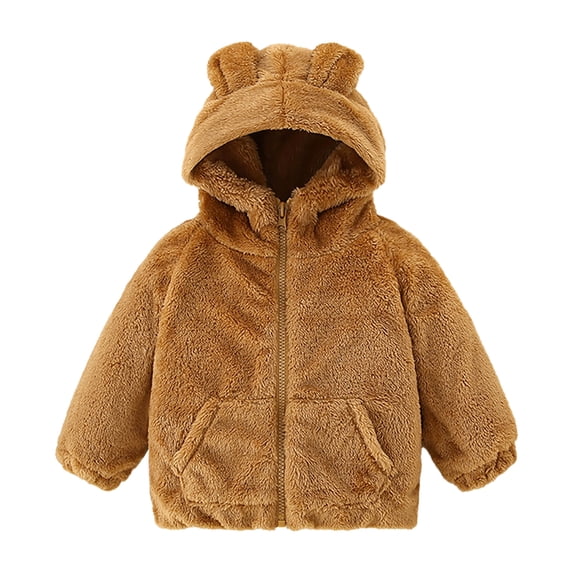 Huowey Kids Coat Cute Hoodie Long Sleeve Jacket Zip Up Wool Fuzzy Winter Warm Sweatshirt Coat With Pocket Outerwear,Brown,12-18 Months