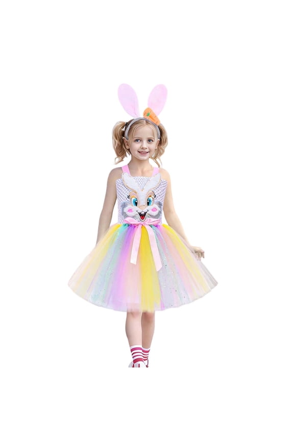 Kids Easter Bunny Dress Cute Cartoon Pattern Spaghetti Strap Tiered Tutu Mesh Dresses Fashionable Party Gown For Kids Slim Fit Cozy Midi Sundress Prom Ball Gown,Silver,11-12 Years