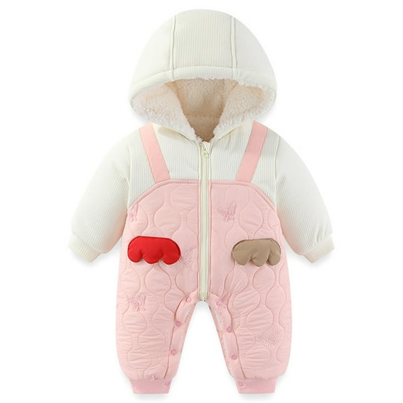 Huowey Kids Fall Outfits Hooded Zip Up Jumpsuit Thickened Lined Color Block Cute Cartoon Print Romper Winter Warm One-Piece Outwear Kids Clothing Set,Pink,6-9 Months