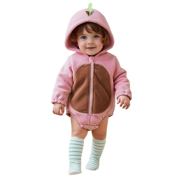 Huowey Kids Fall Outfits Romper Long Sleeve Hooded Bodysuit Fuzzy Color Block Full Zip Up Jumpsuit Girls Cute Clothing Set,Pink,9-12 Months
