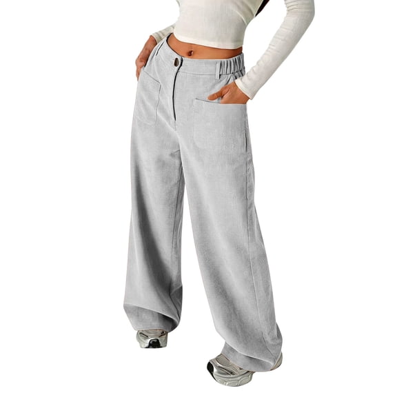 Huowey Kids Girl'S Corduroy Wide Leg Pants Solid Colot Straight Wide Leg Button Flat Front Trousers With Pockets Regular Comfortable Bootcut Slacks Vintage Trendy Dailywear,Gray,13-14 Years