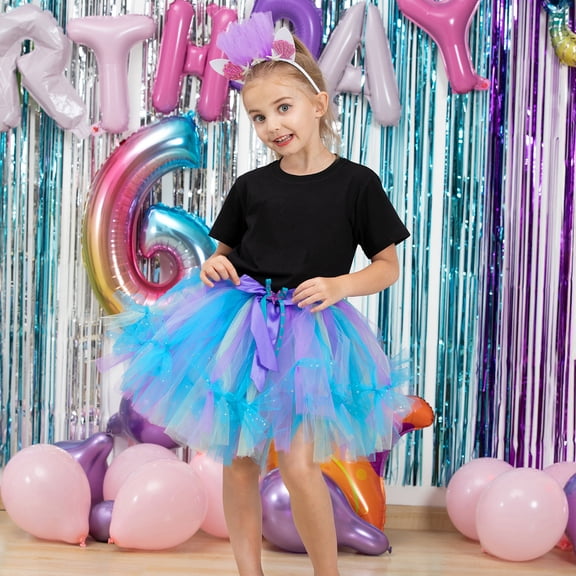 Huowey Kids Girls Ballet Skirts Elastic Waist Party Rainbow Mesh Tutu Tulle Skirt Sparkly Sequins Tiered Stylish Dancewear,Blue,5-7 Years
