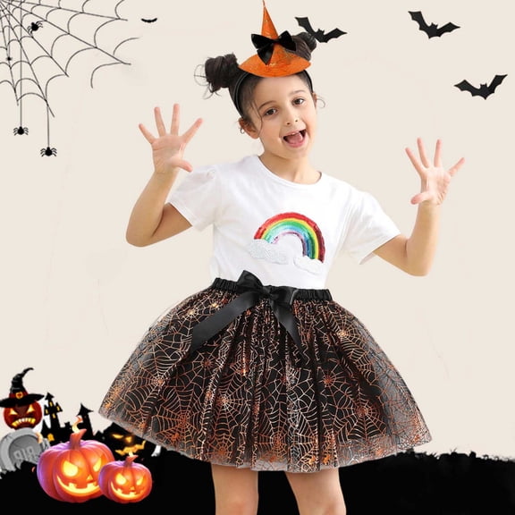 Huowey Kids Girls Ballet Skirts Elastic Waist Party Rainbow Mesh Tutu Tulle Skirt Sparkly Sequins Tiered Stylish Dancewear,Orange,5-8 Years