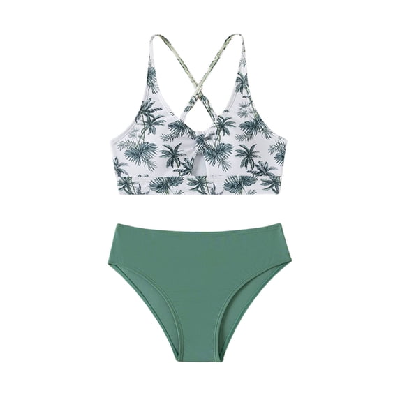 Huowey Kids Girls Bikini Swimsuits 2 Piece Bikini Sets Cross Strap Ruched Floral Print Hollow Out Tops Solid Color High Waist Bottomd Sport Soft Swimwear Trendy Bathing Suit,Green,8-10 Years