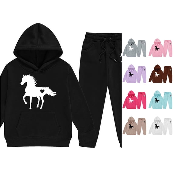 Huowey Kids Girls Clothes Fall Outfits Horse Graphic Long Sleeve Hoodie Sweatshirt And Pants 2 PC Set Elastic Waist Loose Fit Winter School Outdoor Casual Daily Wear Leisure Outfit,Black,2-3 Years