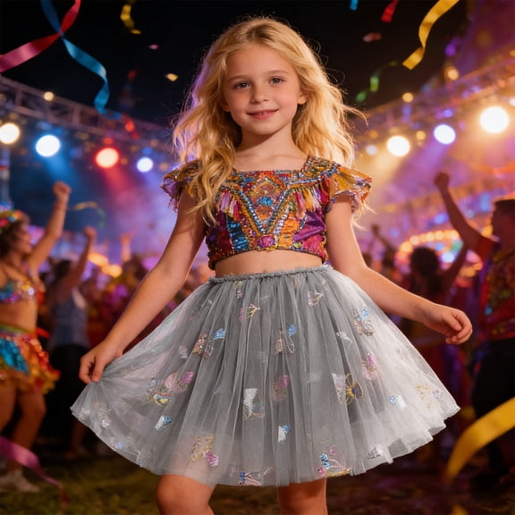 Huowey Kids Girls Dance Tutu Skirt Sequins Layered Short High Waist Embroidery Ballet Skirts Daily Casual Stylish Carnival Party Dancewear,Gray,5-6 Years