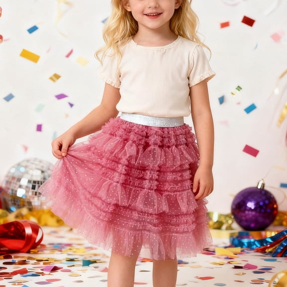 Huowey Kids Girls Dance Tutu Skirts High Waist Pom Pom Ruffles Tulle Party Ballet Skirt Tiered Layered Tulle Dancewear,Pink,5-6 Years