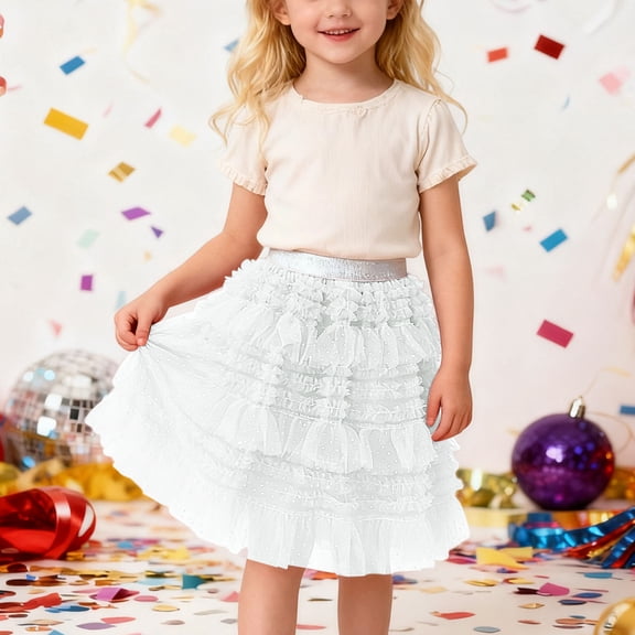 Huowey Kids Girls Dance Tutu Skirts High Waist Pom Pom Ruffles Tulle Party Ballet Skirt Tiered Layered Tulle Dancewear,White,3-4 Years