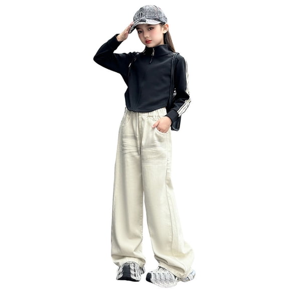 Huowey Kids Girls Fashion Cute Personality Pants Elastic Waist Wide Leg Jeans Casual Demin Pants With Pockets Fashionable Dailywear, 12-14 Years