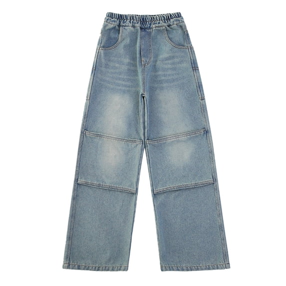 Huowey Kids Girls Jeans Fashionable High Waist Cute Bow Print Unique Patchwork Vintage Distressed Elastic Waist Baggy Denim Pants Loose Fit Wide Leg Trousers Cozy Trendy Dailywear,Blue,8-10 Years