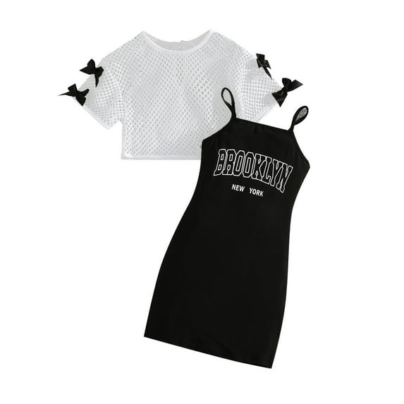 Huowey Kids Girls Letter Printed Long Dress Solid Color Short Sleeve With Two Piece Outfits Sets Breathable Dailywear, 5-6 Years