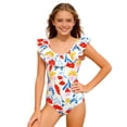 thumbnail image 1 of Huowey Girls One Piece Swimsuit Ruffles Floral Print One Shoulder Ruffles Round Neck Swimwear Fashionable Summer Swim Suit Quick Dry Beach Pool Clothes Outfits Swimwear Sets,White,7 Years, 1 of 7