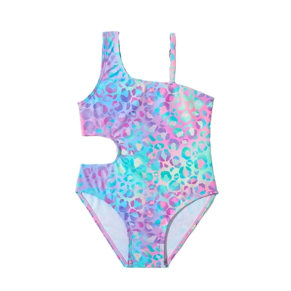 Huowey Kids Girls Onepiece Swimsuit Asymmetric Striped Straps One Shoulder Cute Leopard Hollow Out Waist Casual Tankini Bathing Suit Tummy Control Summer Stylish Beachwear Swimwear,Purple,7-8 Years