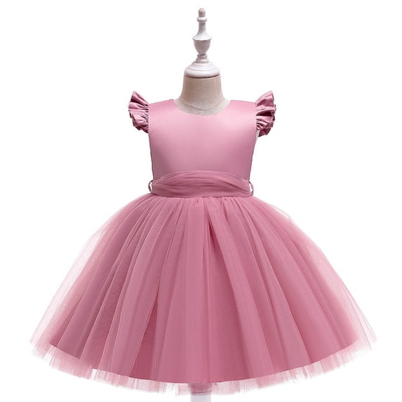 Huowey Kids Girls Party Dress Ruffles Sleeve Mesh Patchwork Pleated High Waist Round Neck Ruffles Long Dresses Elegant Fashionable Flowy Birthday Wedding Gowns,Pink,4-5 Years