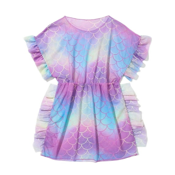 Huowey Kids Girls Summer Cover Up Swimsuit Dresses Ruffles Gradient Tie Dye Short Sleeve Loose Fit Round Neck High Waist Striped Print Swimwear Beach Sun Protection Summer Beachwear ,Purple,5-6 Years