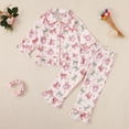 thumbnail image 1 of Huowey Kids Girls Toddler Casual Spring Outfits Stylish Long Sleeved Cute Bows Print Button Down Ruffles Trim Blouse Tops Trousers 2 Piece Set Sleep Wear Cozy Home Dailywear,Light Pink,18-24 Months, 1 of 3