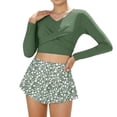 thumbnail image 1 of Huowey Kids Girls Two Piece Swimsuits Long Sleeve Solid Color V-Neck Front Cross Upf 50 Sun Rash Guard Crop Tops High Waist Floral Print Swim Shorts Beachwear Bathing Suit,Green,9-10 Years, 1 of 4