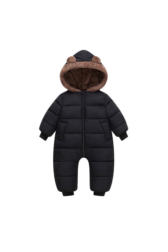 Kids Girls Winter Snowsuit One Piece Full Zipper Up Thickened Wool Hooded Jumpsuit Romper Baby Cute Soft Comfy Warm Overcoat Outfits,Black,18-24 Months