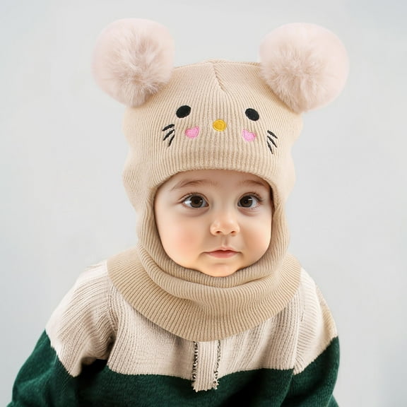 Huowey Kids Girls Winter Warm Knit Hat Cute Embroidery Cartoon Cat Thivk Thermal Solid Color Beanie Hood Earflap Scarf Cute Knit Caps,Beige,One Size