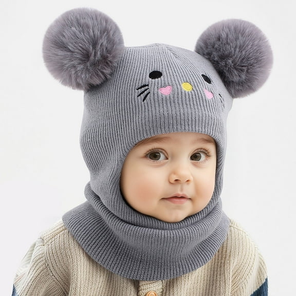 Huowey Kids Girls Winter Warm Knit Hat Cute Embroidery Cartoon Cat Thivk Thermal Solid Color Beanie Hood Earflap Scarf Cute Knit Caps,Grey,One Size