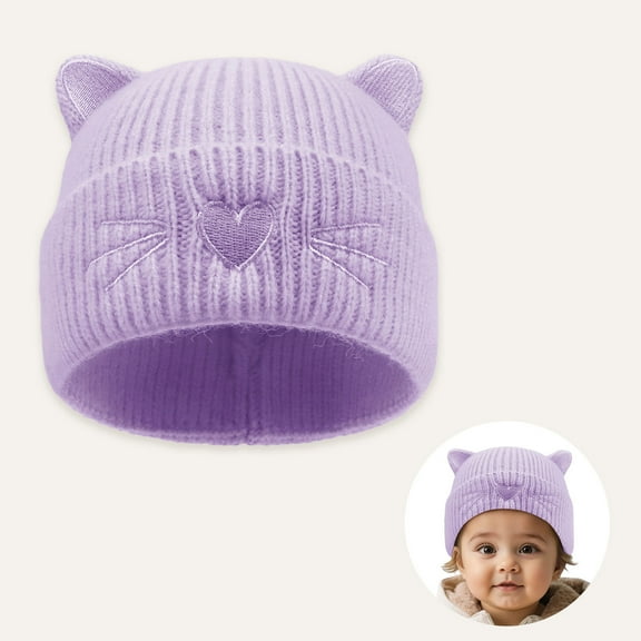 Huowey Kids Girls Winter Warm Knit Hat Cute Embroidery Cartoon Cat Thivk Thermal Solid Color Beanie Hood Earflap Scarf Cute Knit Caps,Light Purple,6-36 Months