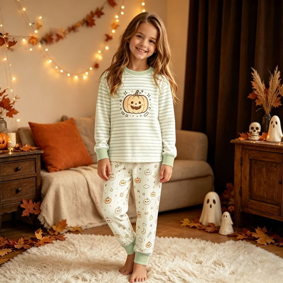 Huowey Kids Halloween Pajamas For Boys Girls Striped Fall Pjs Set Tops And Pants Pumpkin Graphic 2 PC Sets Crew Neck Long Sleeve Cozy Homewear,Light Green,8-9 Years