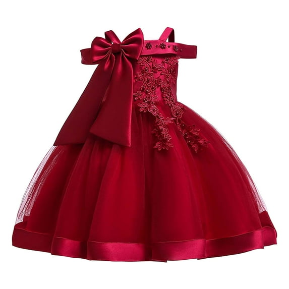 Huowey Kids Little Girls Off Shoulder Bow Evening Gown Princess Pageant Dress For Birthday Parties & Stage Performances Trendy Dailywear, 4-5 Years