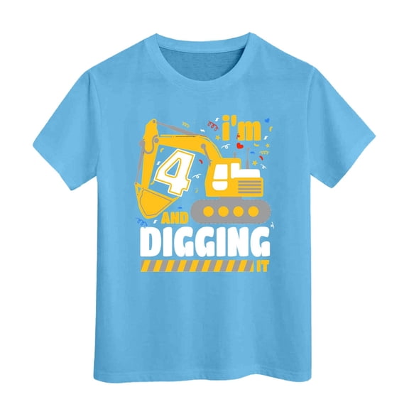 Huowey Kids Shirt Excavator Short Sleeve Crewneck T-Shirts Top Tee Toddler Boys Value Pack Cotton T-Shirts Tops,Light Blue,4-5 Years