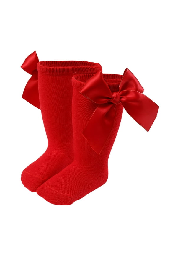 Kids Socks Christmas Socks Retro Striped Solid Color Knitted Knee High Socks Cute Bow School Uniform Comfy Socks,Red,0 -12 Months