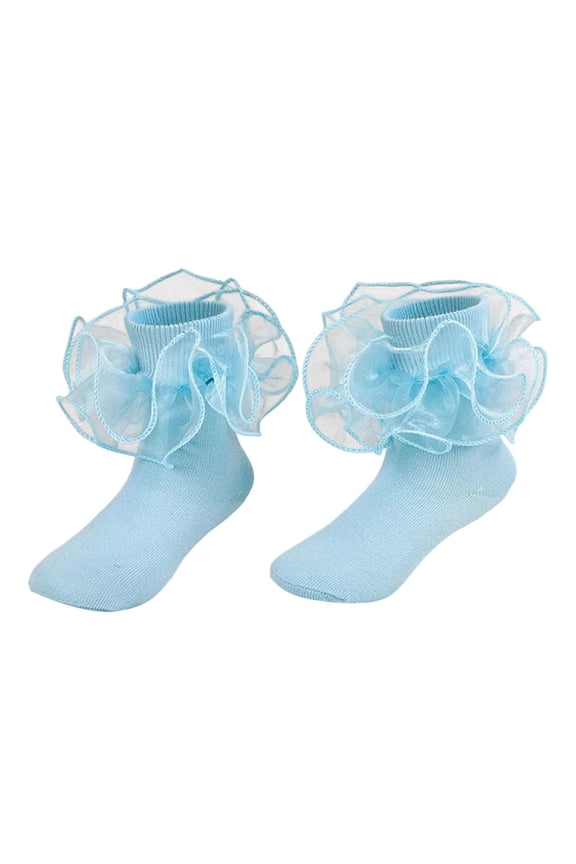 Kids Socks Cotton Lace Socks Solid Color Ruffle Frilly Comfortable Princess Style Dress Socks,Blue,4-6 Years