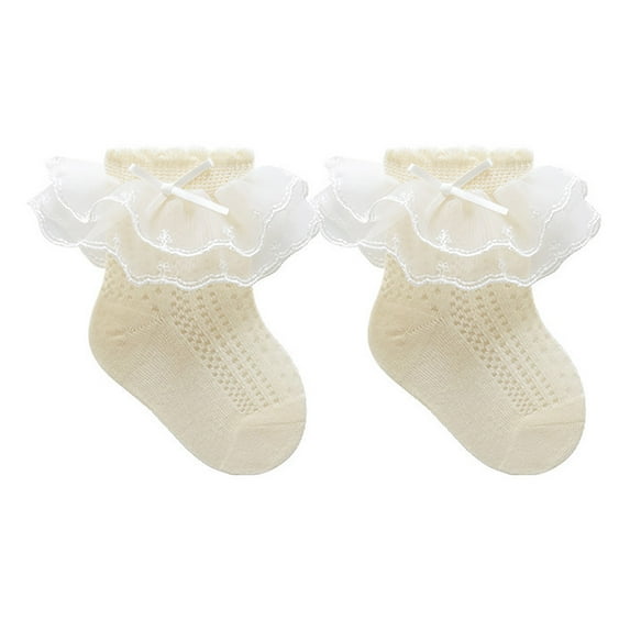Huowey Kids Socks Eyelet Ruffle Lace Socks Toddler Double Lace Dressy Short Socks Comfortable Socks,Beige,4-5 Years