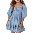 thumbnail image 1 of Huowey Kids Summer Dress Casual Floral Square Neck Ruffle Sash Tie Waist Short Sleeve Party Playground School Outfits Toddler Kids Age 5 14 Breathable Dailywear, 9-10 Years, 1 of 4