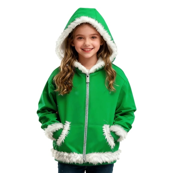 Huowey Kids Sweatshirts Fuzzy Thick Lined Full Zip Hooded Jacket Thermal Long Sleeve Front Pockets Soft Cozy Coats Spring Fall Clothing,Green,4-5 Years